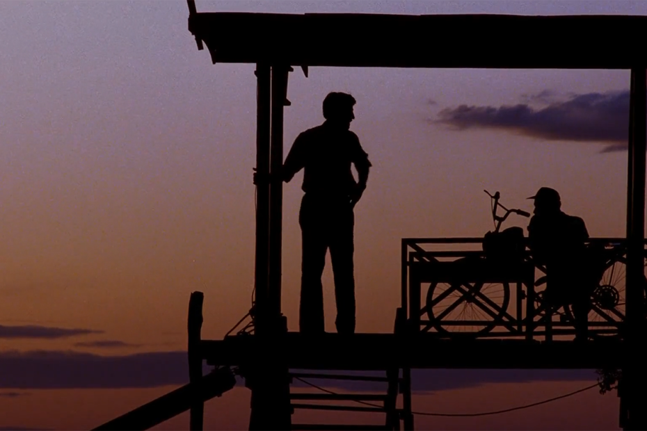 Screenshot of a silhouette scene from the killing fields