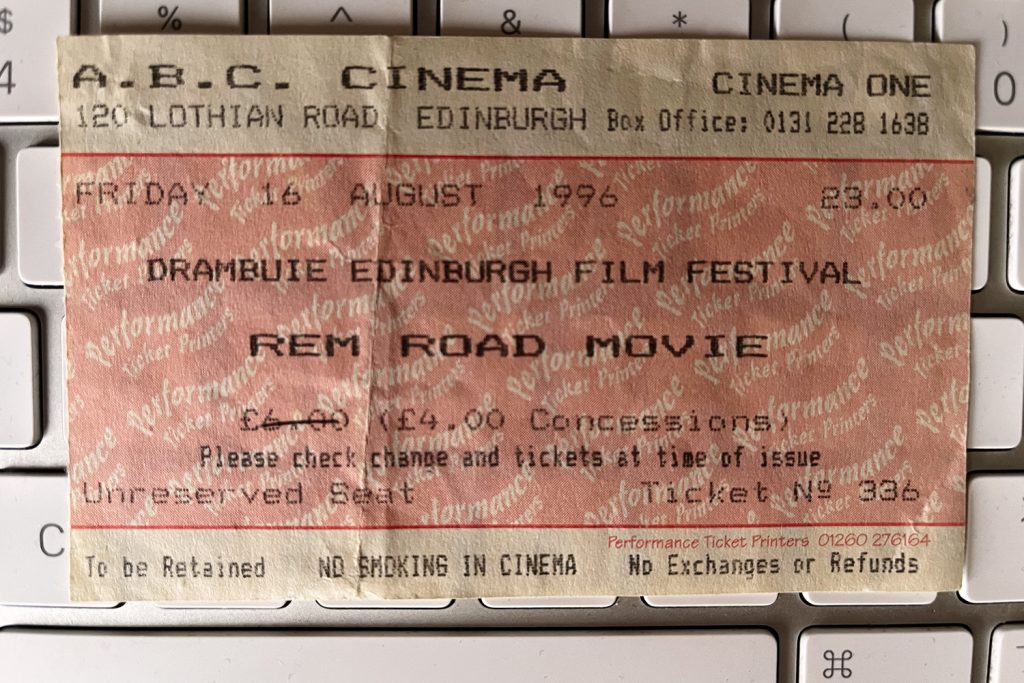 Ticket to R.E.M.'s world premiere of the Road Movie film held at the ABC Theatre in Edinburgh in August 1996