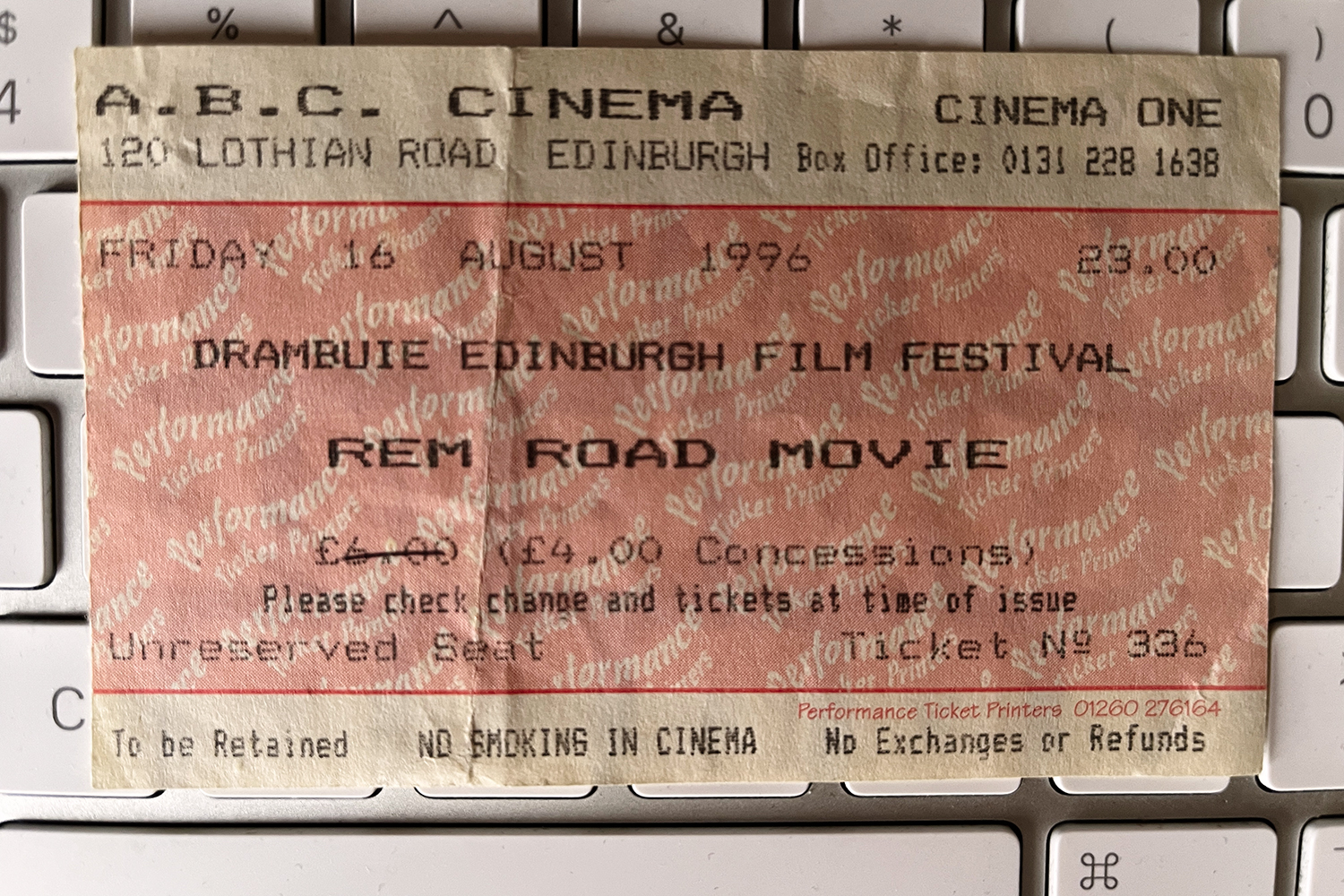 To Be Retained #1 R.E.M - Road Movie Ticket to R.E.M.'s world premiere of the Road Movie film held at the ABC Theatre in Edinburgh in August 1996